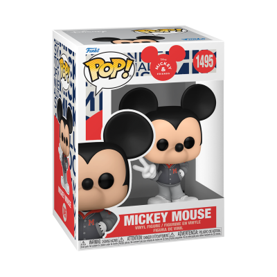 Figura Pop! de vinil de Mickey Mouse numa caixa com design colorido e texto em inglês e francês.