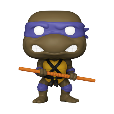 Figura colecionável Donatello Tartarugas Ninja com máscara roxa e bastão laranja