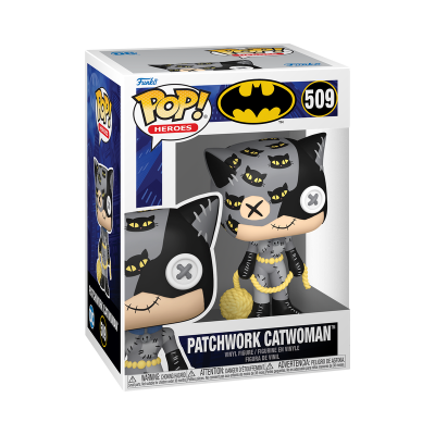 Figura Patchwork Catwoman Pop! Heroes na embalagem com fundo azul