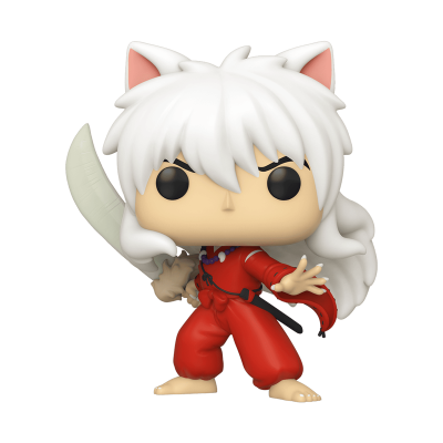 Figura Funko Pop com cabelo branco, orelhas de gato, fato vermelho e espada