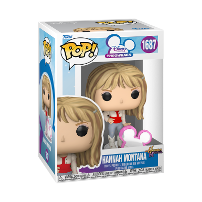 Funko Pop vinil Hannah Montana em caixa azul e branca com texto e logotipos