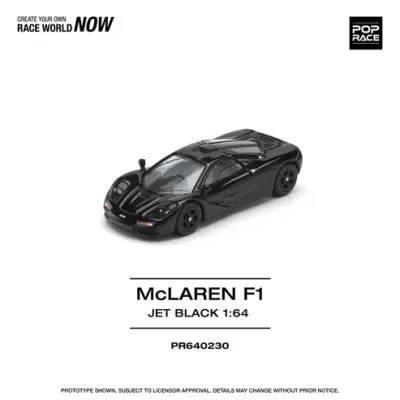 Miniatura carro McLAREN F1 preto escala 1:64 com texto e logo POP RACE