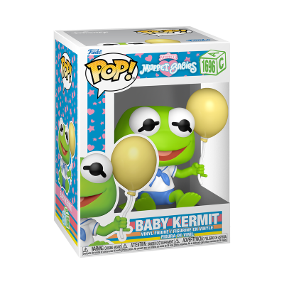 Figura em vinil Baby Kermit com balões numa caixa colorida da coleção POP! Muppet Babies.