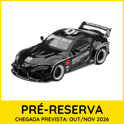Miniatura de carro desportivo preto com rodas brancas e logotipos