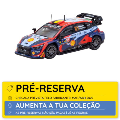 Miniatura de carro de corrida Hyundai colorido com texto de pré-reserva em amarelo
