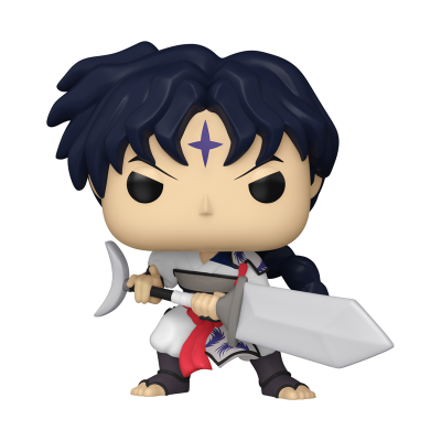 Figura Funko Pop de personagem com espada grande e marca roxa na testa