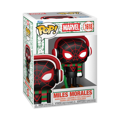 Figura Funko Pop! Marvel Miles Morales preto com padrões vermelhos, auscultadores vermelhos e brancos e cachecol verde e vermelho na embalagem