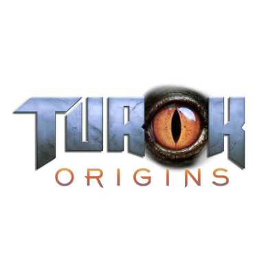 Logotipo do jogo Turok Origins com olho reptiliano laranja no centro