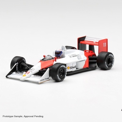 Miniatura carro Fórmula 1 branco e vermelho com texto Shell e Honda
