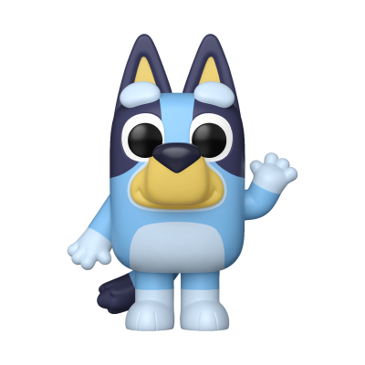 Figura de cão azul de plástico com detalhes em azul claro, castanho e branco a acenar