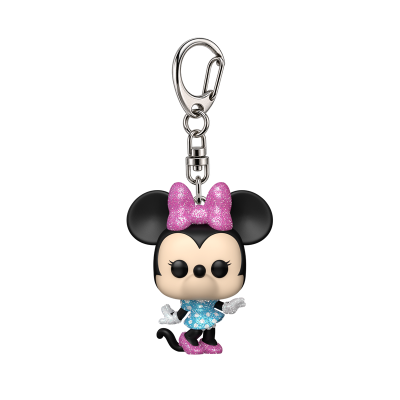 Chaveiro Funko Pop Minnie Mouse com laço rosa glitter e vestido azul