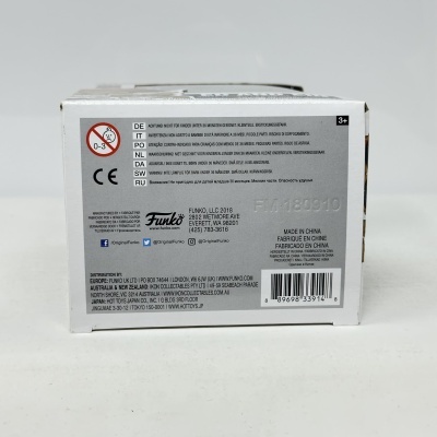 Embalagem Funko cinzenta com texto de advertência para crianças e código de barras
