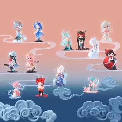 Figuras colecionáveis coloridas de personagens fantásticos em diferentes poses sobre nuvens com fundo gradiente rosa e azul