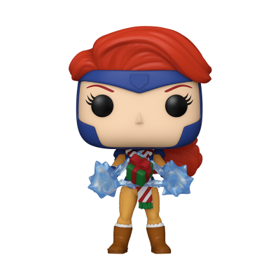 Boneco Funko Pop com cabelo vermelho, roupa laranja e azul, botas castanhas e efeitos azuis nas mãos segurando presente