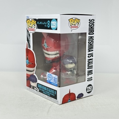 Caixa de figura Funko Pop! Animation com personagens vermelhos e roxos visíveis através da janela de plástico transparente