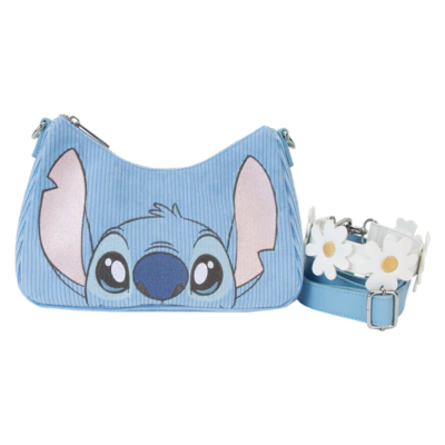 Bolsa azul claro com rosto do Stitch e alça azul com flores brancas