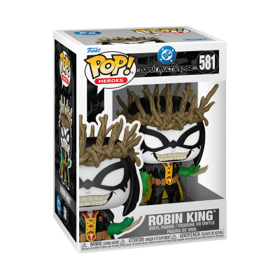 Boneco Funko Pop! Robin King de vinil com capa verde e coroa de galhos na embalagem