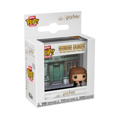 Figura Funko Pop! de Hermione Granger dentro de caixa branca com fundo de porta verde