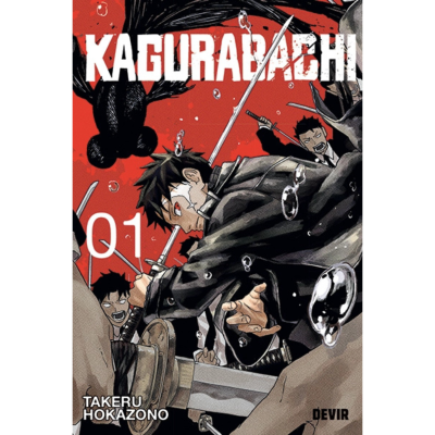 Capa do volume 01 do manga KAGURABACHI com personagem principal e katanas em fundo vermelho