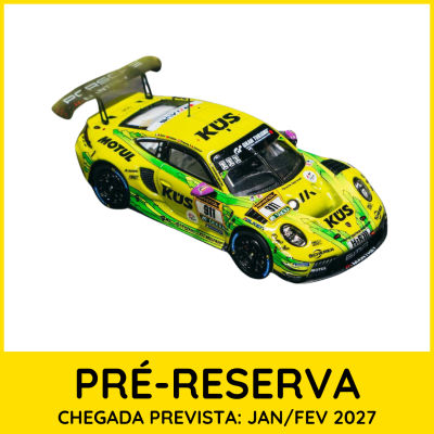 Miniatura carro corrida desportivo amarelo com marcas e texto PRÉ-RESERVA em fundo branco e moldura amarela