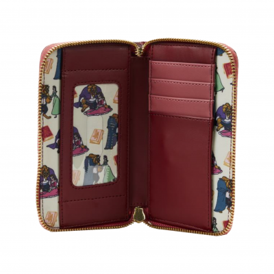 Carteira aberta em pele castanha e rosa com padrão colorido no interior