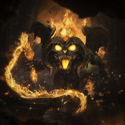 Figura demoníaca de cor negra com chamas e olhos amarelos brilhantes num cenário escuro