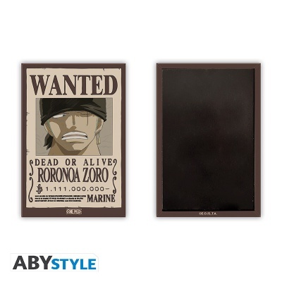 Poster WANTED de Roronoa Zoro com texto e placa preta lisa com moldura castanha