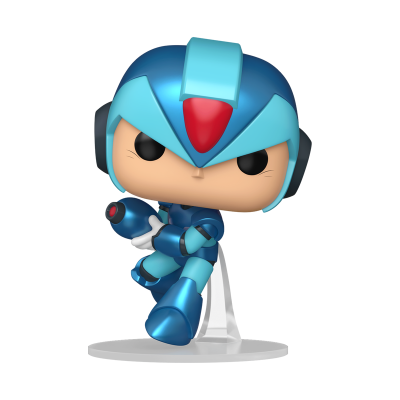 Figura colecionável de personagem de videojogo em azul com capacete e suporte branco