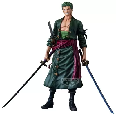 Figura de ação de personagem masculino com espadas, roupa verde e cabelo verde