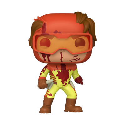 Figura Funko Pop com fato amarelo e vermelho e máscara laranja