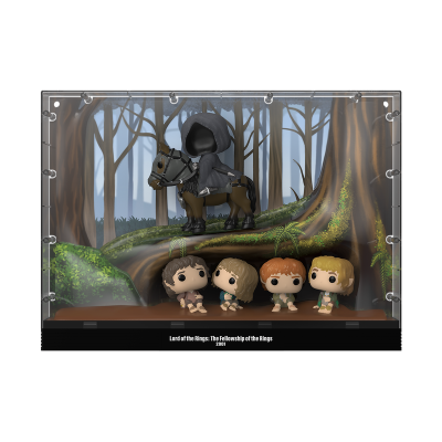 Figuras Funko Pop de O Senhor dos Anéis: A Sociedade do Anel com Cavaleiro Negro e hobbits em fundo de floresta