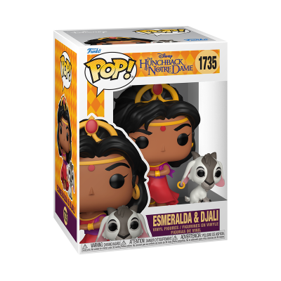 Figura Funko Pop! Esmeralda e Djali caixa amarela e roxa