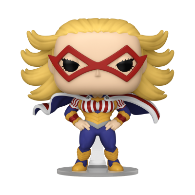Figura colecionável Funko Pop de super-heroína com máscara vermelha e capa azul