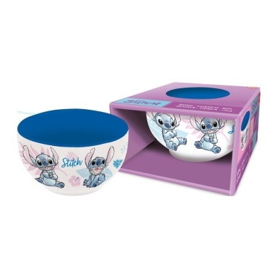 Tigela branca com personagens Stitch e interior azul em caixa rosa.