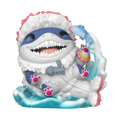 Figura de vinil de um tubarão vestido com roupa de pele branca e detalhes rosa, sobre base translúcida azul com efeito de água.