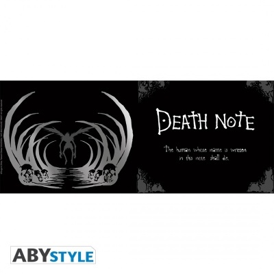 Painel preto com arte 'Death Note' e texto em branco e figura de asas e crânios.