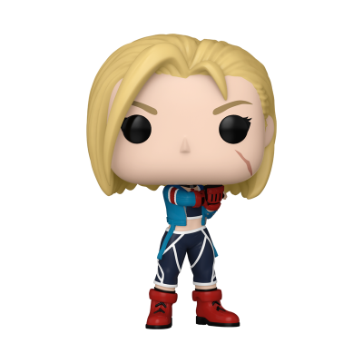 Boneco Funko Pop loiro com cicatriz a vestir roupa azul e botas vermelhas