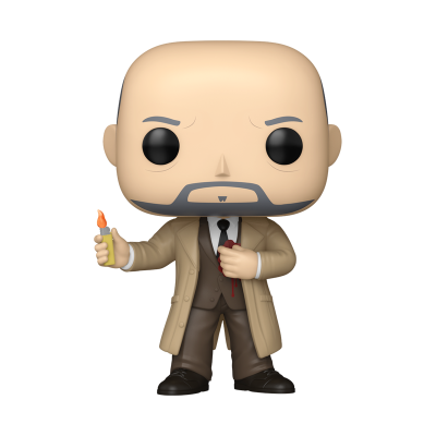 Figura colecionável tipo Funko Pop de personagem masculino com casaco bege e isqueiro.