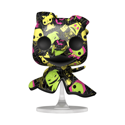 Figura colecionável em vinil com padrão gráfico colorido em suporte