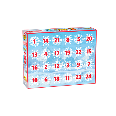 Caixa de calendário de advento azul com 24 portas numeradas e flocos de neve brancos