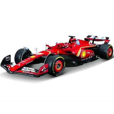 Carro de Fórmula 1 vermelho Ferrari com logótipos e pneus Pirelli