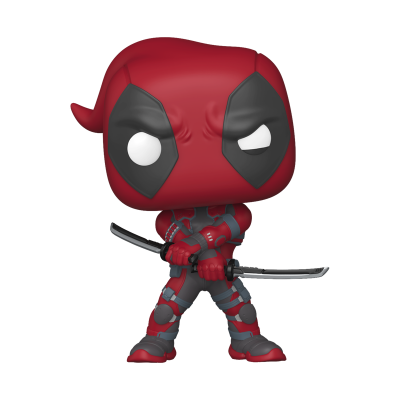 Figura colecionável de Deadpool em vinil segurando espadas