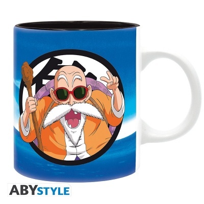 Caneca azul com personagem animado com barba branca e óculos de sol