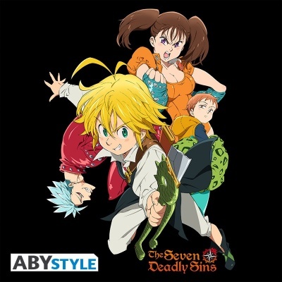 Personagens do anime The Seven Deadly Sins com logotipos ABYSTYLE e The Seven Deadly Sins