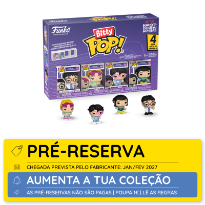 Conjunto de mini figuras Funko Pop Bitty Pop de Kpop Demon Hunters em caixa roxa com aviso de pré-reserva