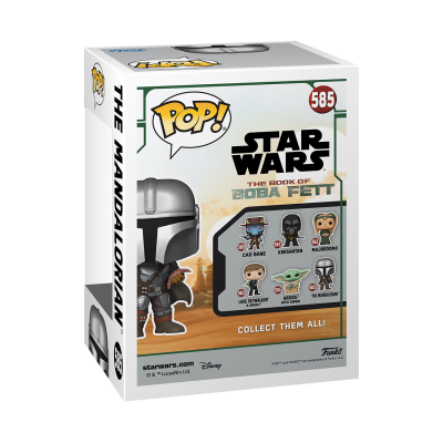 Caixa de figura POP! Star Wars The Mandalorian com imagem do Mandaloriano e outras figuras colecionáveis no verso.