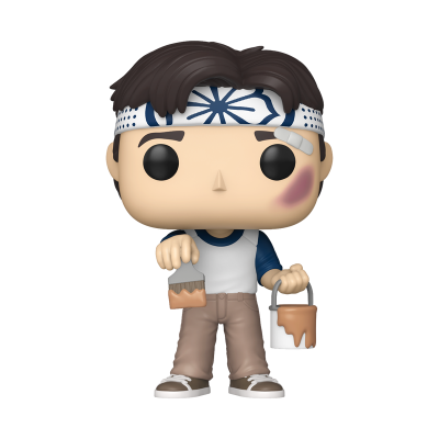 Figura Funko Pop de personagem com faixa branca e azul, pincel e balde de tinta castanha