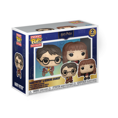 Pack de duas figuras chaveiro de Harry Potter e Hermione Granger em caixa azul.
