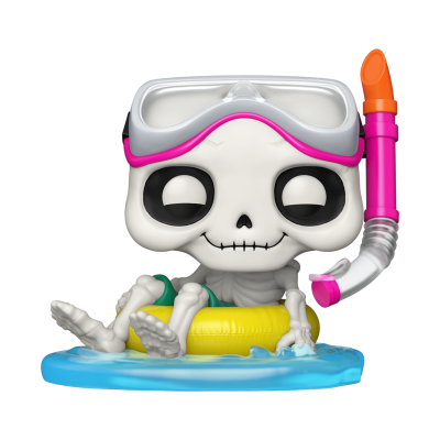 Figura esqueleto Funko Pop com máscara de mergulho e tubo respirador sentado num colchão insuflável amarelo na água.