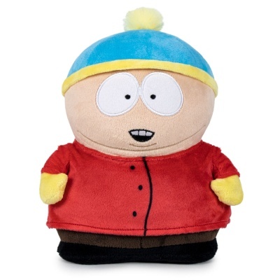 Peluche Eric Cartman com gorro azul e amarelo e casaco vermelho